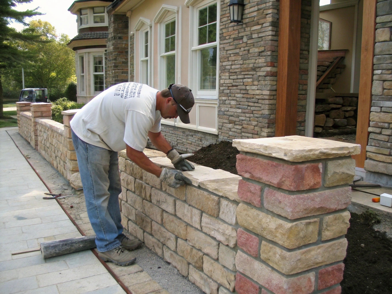 Masonry contractor building a brick wall near Puyallup, WA